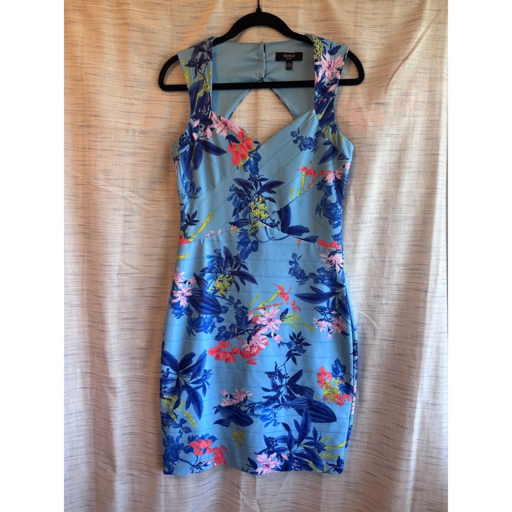 Guess Blue Floral Bodycon Sheath Dress Sleeveless Cutout Back Size 10
